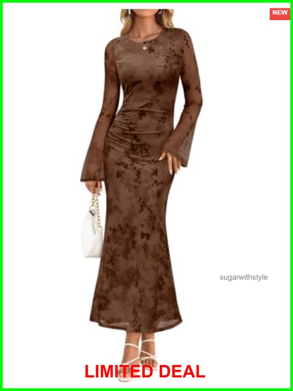 Women's Floral Mesh Maxi Dress Long Sleeve Bodycon Ruched Formal Party